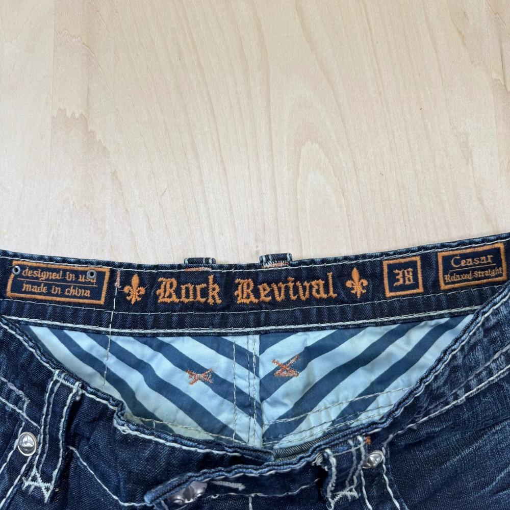 Rock Revival Mens Caesar Relaxed Straight Dark Wash Jeans Size 38 - Picture 6 of 12